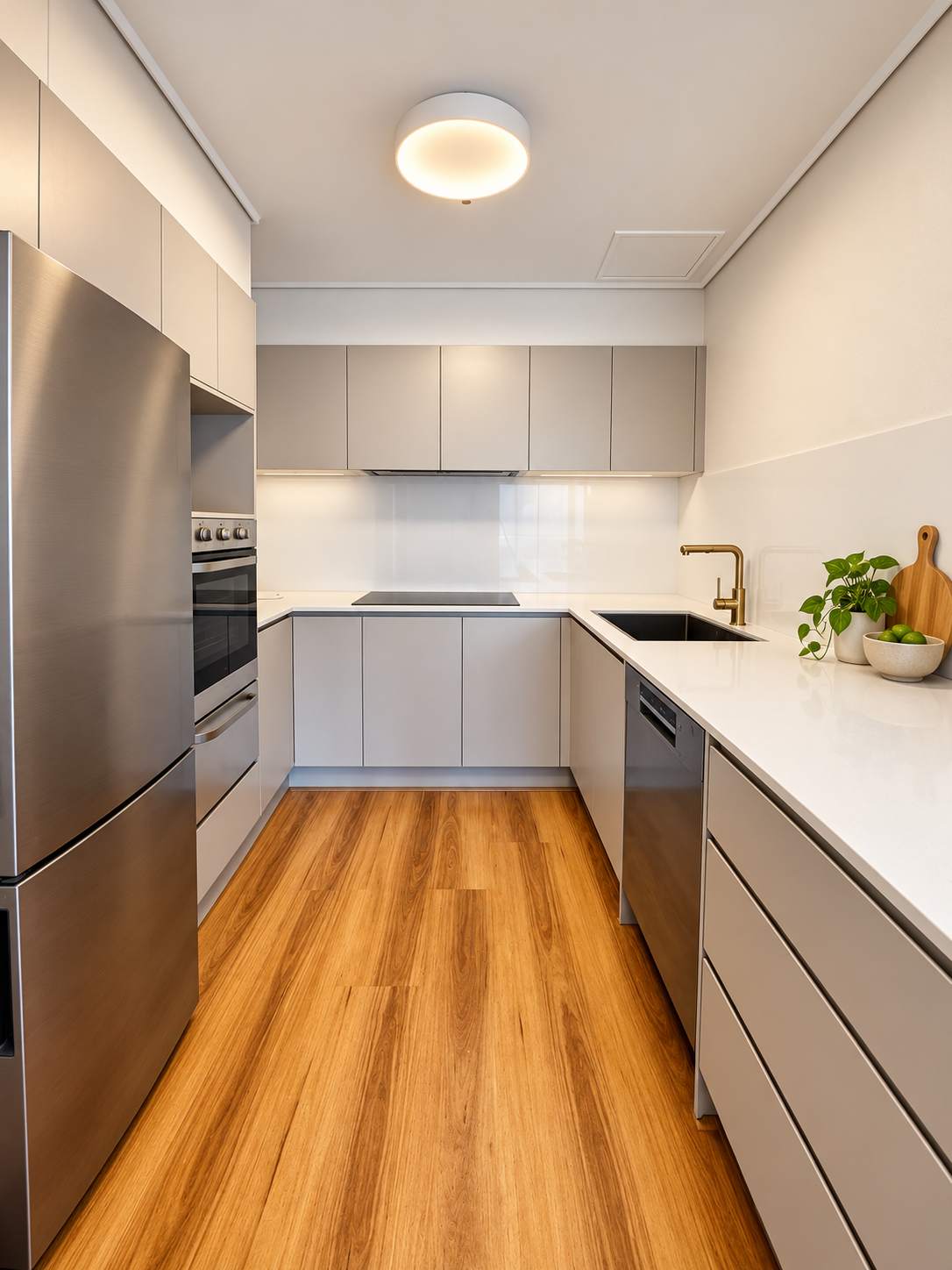 Contemporary kitchen with timber flooring and stainless steel appliances