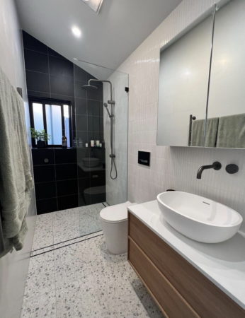 modern bathroom, bathroom renovation, terrazzo floor tile