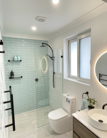 bathroom transformation, bathroom remodel, blue tiles in bathroom, aqua tiles, modern bathroom, bathroom renovation sydney